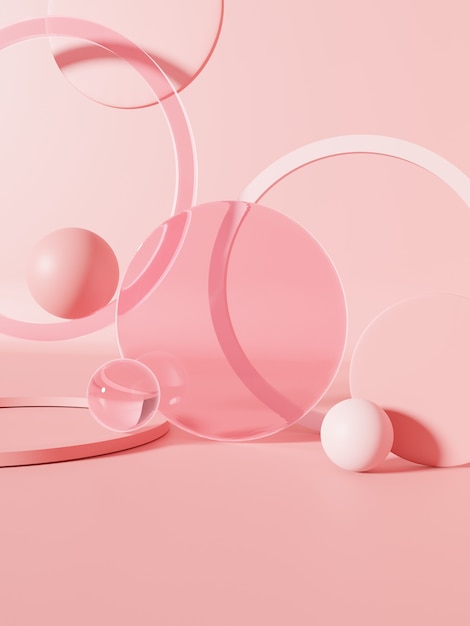 3D Rendering Studio Shot Product Display Background with Transparent Pink Spheres