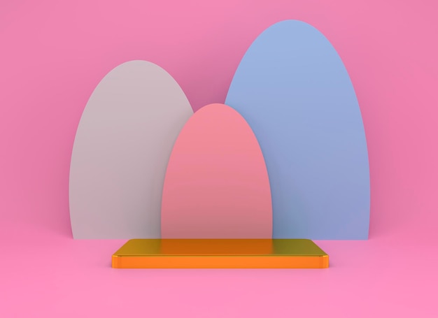 3d rendering studio with geometric shapes podium on the floor platforms for product presentation mock up background