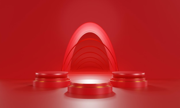 幾何学的形状の 3 d レンダリング スタジオ 床に赤い表彰台 背景をモックアップ 製品プレゼンテーション用のプラットフォーム 最小限のデザインで抽象的な構成