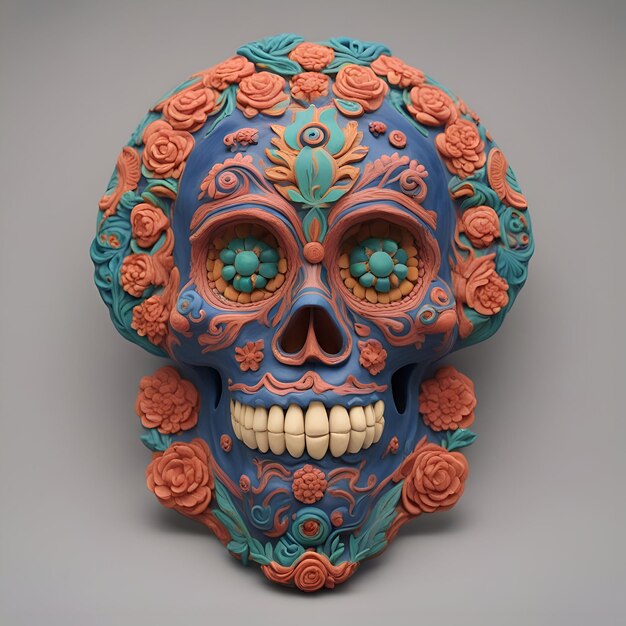 Photo 3d rendering of a sugar skull with floral ornament on grey background