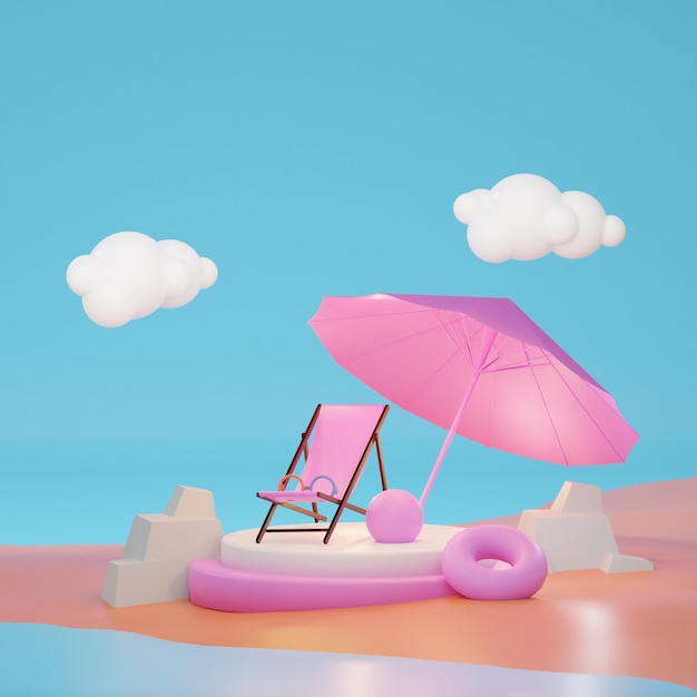 사진 3d 렌더링 여름과 연단 deckchairs 휴일 판매 화려한 배경 해변 바다