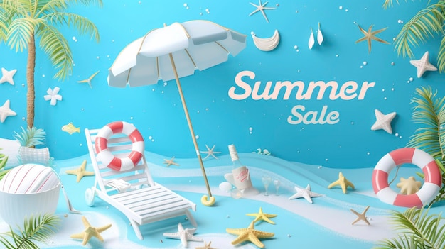 사진 3d 렌더링 여름 판매 배너 템플릿, 해변 공과 파란색 배경에 우산, 여름 판매 단어