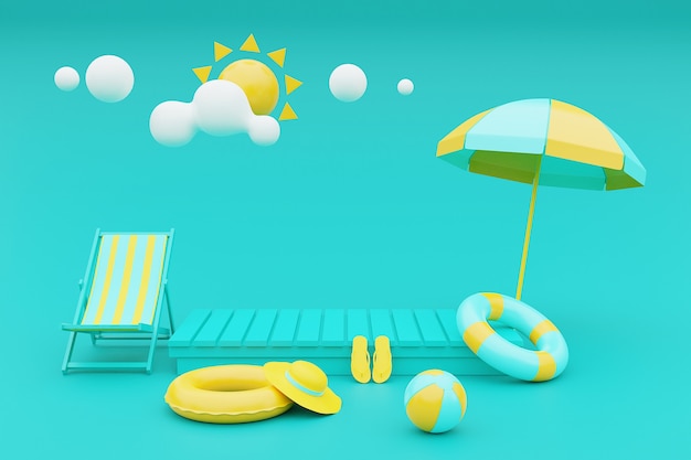 3d rendering of summer vacation concept with beach chair,umbrella and summer elements.3d rendering.