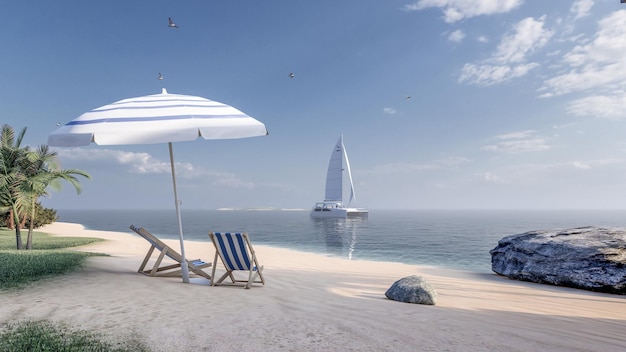 3D Rendering Of Sunbathing Bed With Sea View Illustration