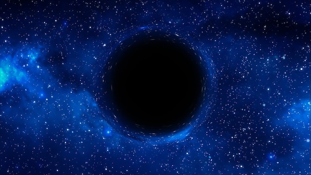 3D rendering of a supermassive black hole against a starry sky