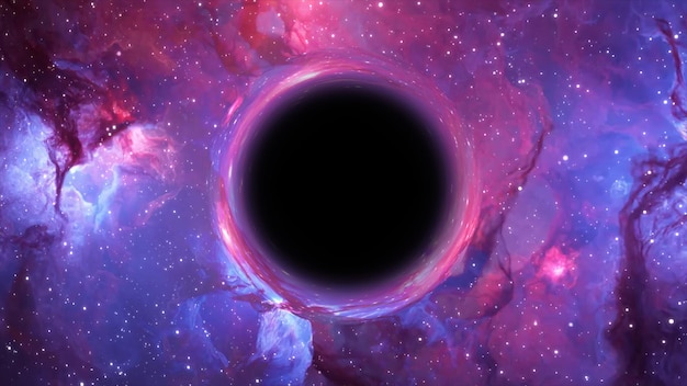 3D rendering of a supermassive black hole against a starry sky