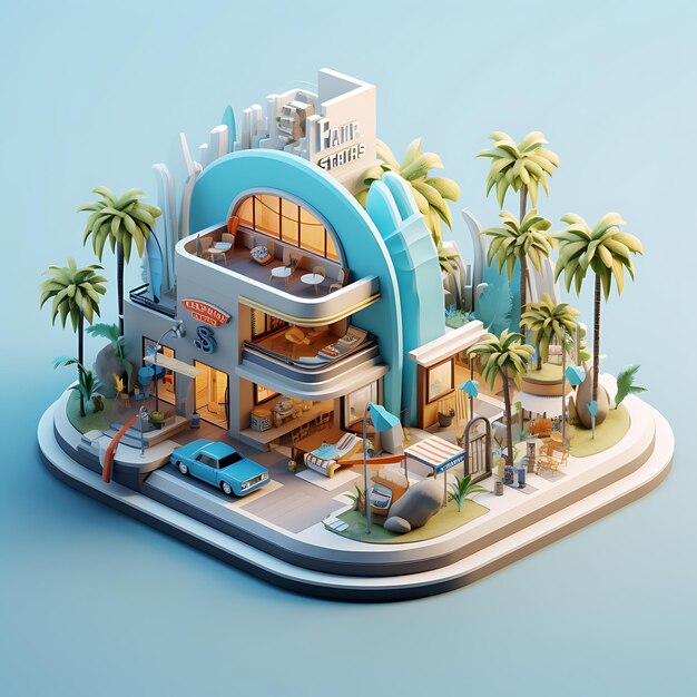 3d rendering of surf shop city isometric miniature