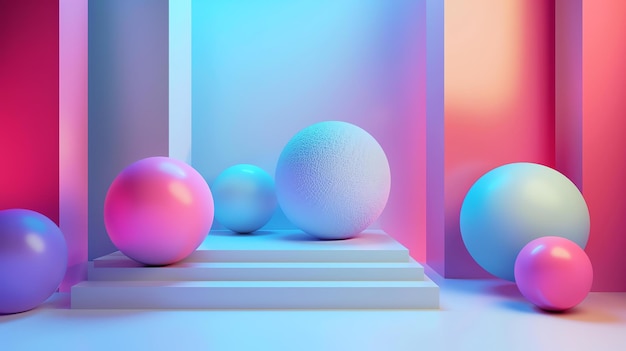 3D rendering of a surreal abstract scene with a podium and colorful spheres