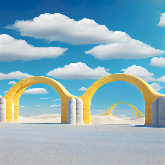 3D rendering -  Surreal desert landscape with yellow arches and white clouds in the blue sky