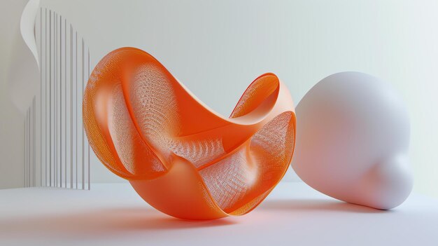 Photo 3d rendering of a surreal orange parametric shape with a white background