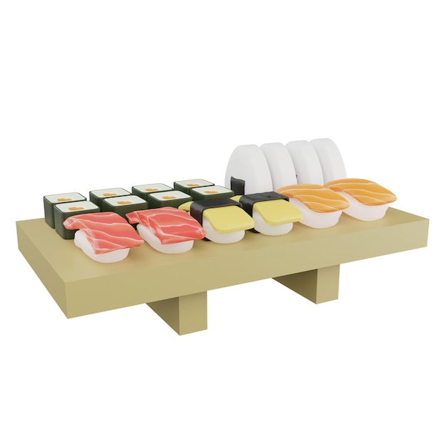 Sushi con rendering 3d impostato su vassoio per sushi isolato su sfondo bianco