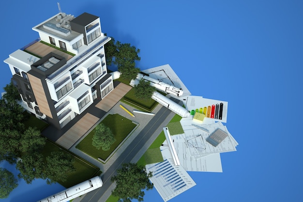 3D-рендеринг модели устойчивой архитектуры здания с чертежами, диаграммой энергоэффективности и другими документами на синем фоне