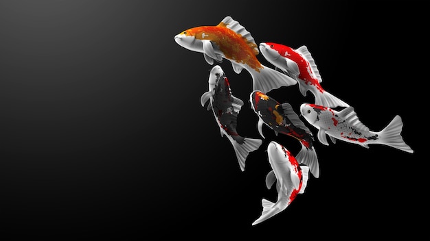 3D rendering of swimming koi fish with various patterns and colors