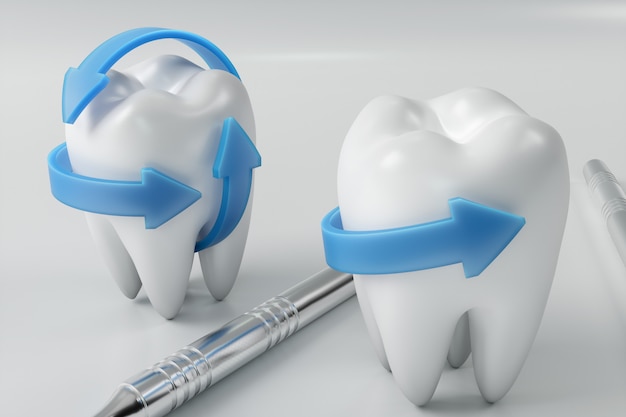 3D-rendering tand met tandarts pick. Tandheelkundige, geneeskunde en gezondheid concept. Mondhygiëne, mondverzorging