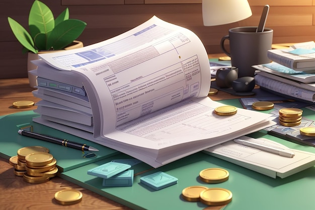 Photo 3d rendering of tax return form document paper with money elements concept of tax duty on background 3d render illustration cartoon style