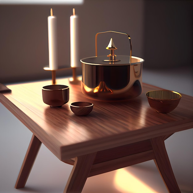 3d rendering of a tea set in a wooden table with candles