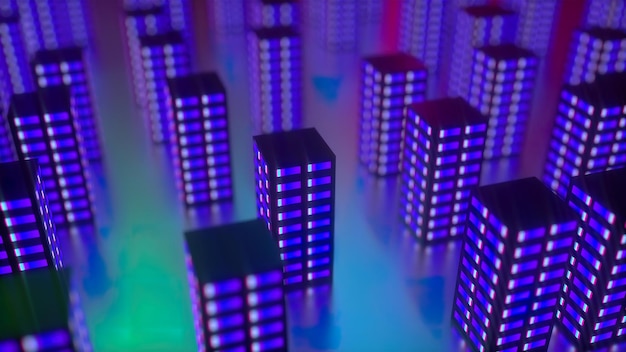 夜の街の 3 d レンダリング技術の建物ライト コンピューターで生成された抽象的な背景を持つ未来都市