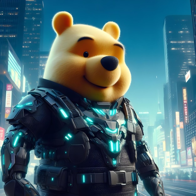 3D rendering of a teddy bear in a futuristic space suit style cyberpunk