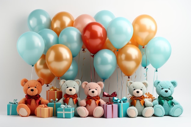 3d rendering of teddy bears with colorful balloons and gift boxes
