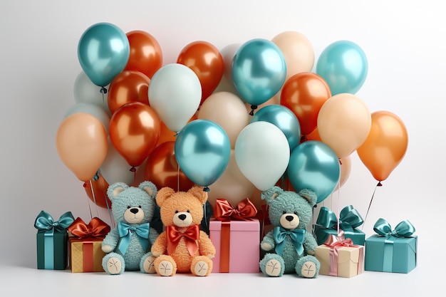 3d rendering of teddy bears with gift boxes and balloons on white background