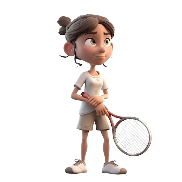 색 바탕에 테니스 라켓을 가진 십대 소녀의 3D 렌더링