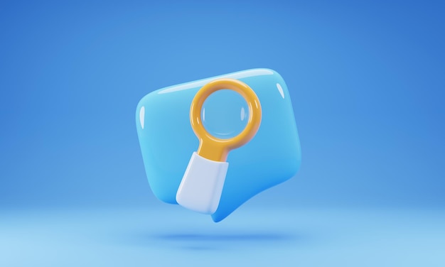 Foto 3d-rendering tekstballon met vergrootglas geïsoleerd op blauwe achtergrond 3d illustratie
