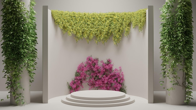 A 3d rendering of a temple with pink flowers.