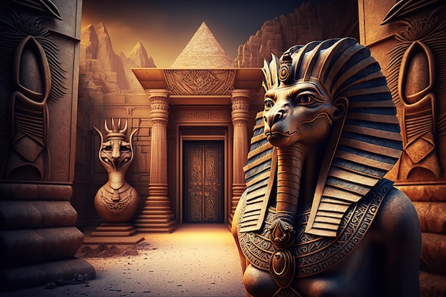 A 3d rendering of a temple with a statue of a sphinx.