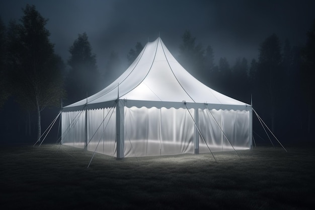Foto rappresentazione 3d di una tenda nella foresta di notte con nebbia