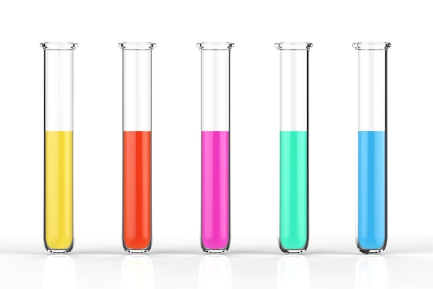 Photo 3d rendering test tubes with colourful liquid on white background