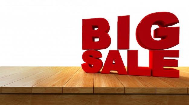 Photo 3d rendering of text big sale on a perspective wooden board isolated on white background .