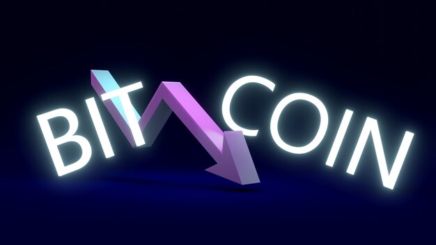 3D Rendering of text BITCOIN with an arrow pointing down in the middle of the word on background