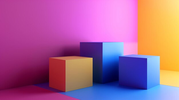 3D rendering of three boxes in different colors placed on the corner of a room with two different background colors