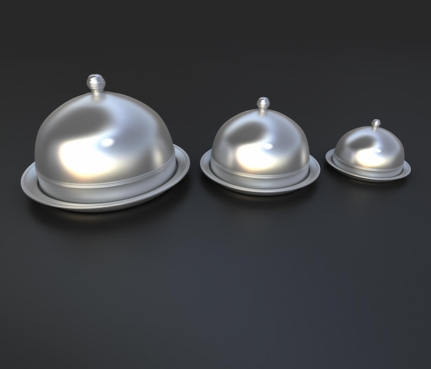 3D rendering of three chrome cloche lids