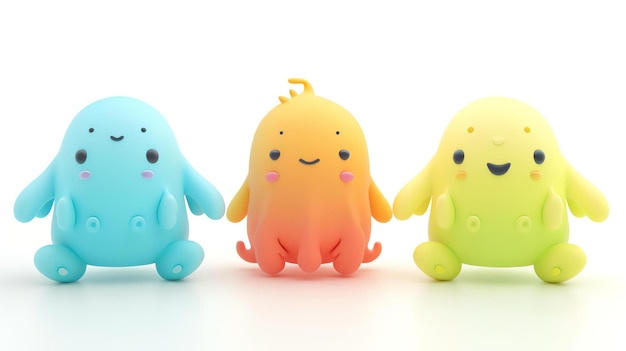 3D rendering of three cute and colorful cartoon characters The characters are all different colors and have different facial expressions and poses