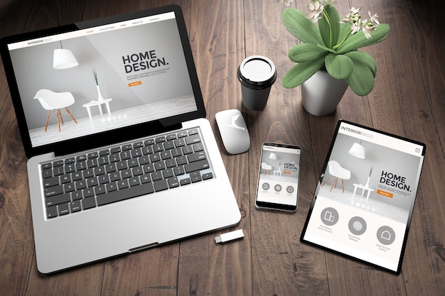 木製デスクトップ上面図の画面上のレスポンシブディレクトリインテリアデザインのウェブサイトで3つのデバイスの3Dレンダリング