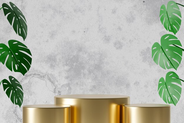 3d rendering three empty gold cylinders podium with monstera\
leaves