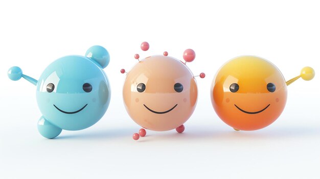 3D rendering of three happy and colorful spheres with smiley faces The spheres are blue pink and orange