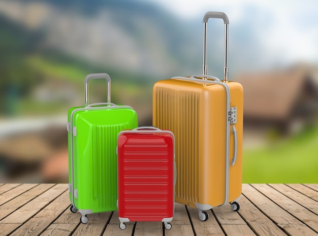 3d rendering three hard case luggages with landscape background