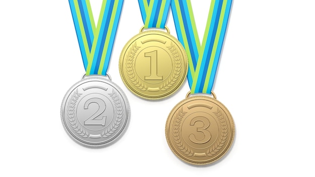 3D rendering of three prize medals on white background