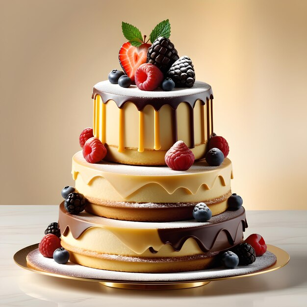 Photo 3d rendering of a three tiered cake with berries and chocolate icing