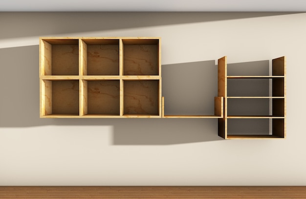 3d rendering three wooden shelves on wall background
