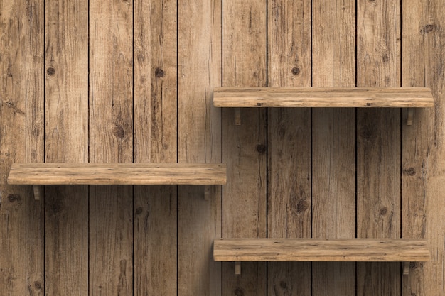 3d rendering three wooden shelves on wall