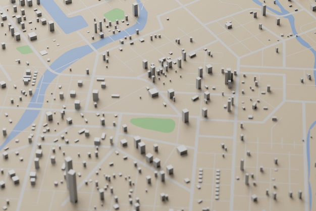 사진 3d 렌더링 위쪽 뷰 내비게이터 라인 및 대상 gps 기술 교통 푸가 포함된 도시 지도