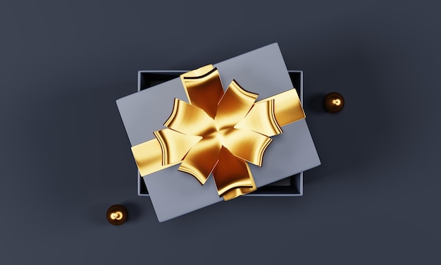 3d rendering top view opened gift box with gold ribbon