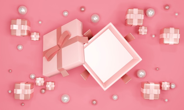 3D Rendering top view pink gift showing empty space inside with small presents for commercial design