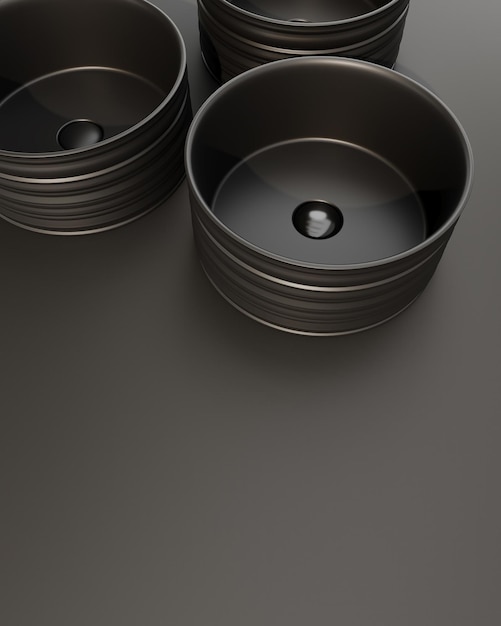 3d rendering of top view of round sink standing on black background.