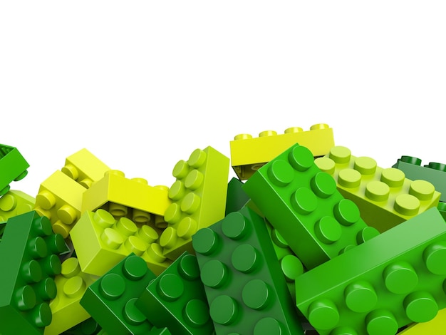 3D rendering of toy building bricks in green and yellow shades with lots of copy space