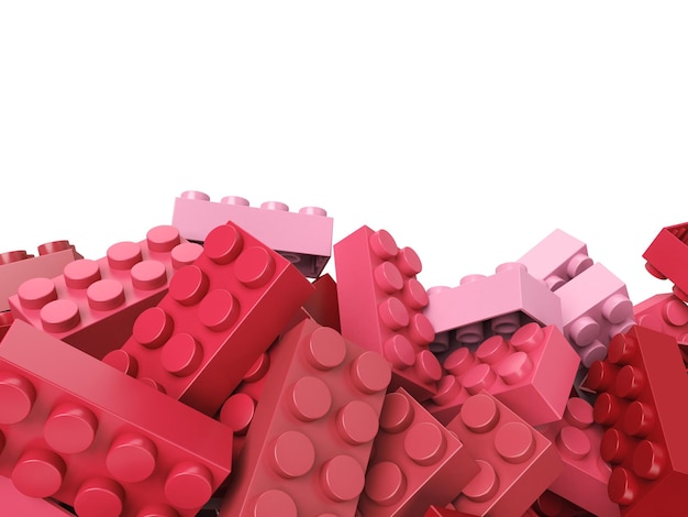 3D rendering of toy building bricks in purple pink and red shades with lots of copy space