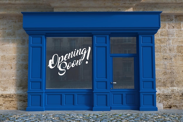 3D rendering of a traditional storefront faÃ§ade with an opening soon notice